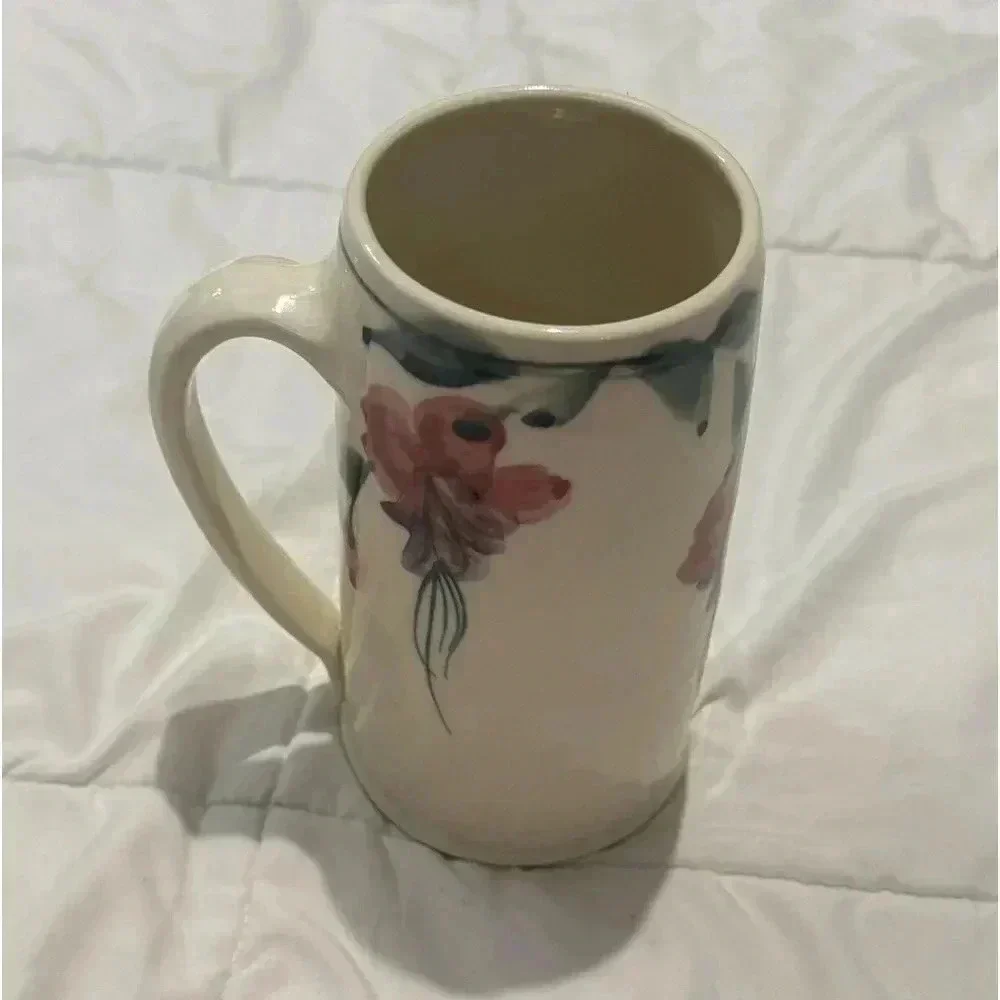 Vintage Handmade Cottagecore  Floral Flower Vase 7” Tall Large Handle 90s Unique